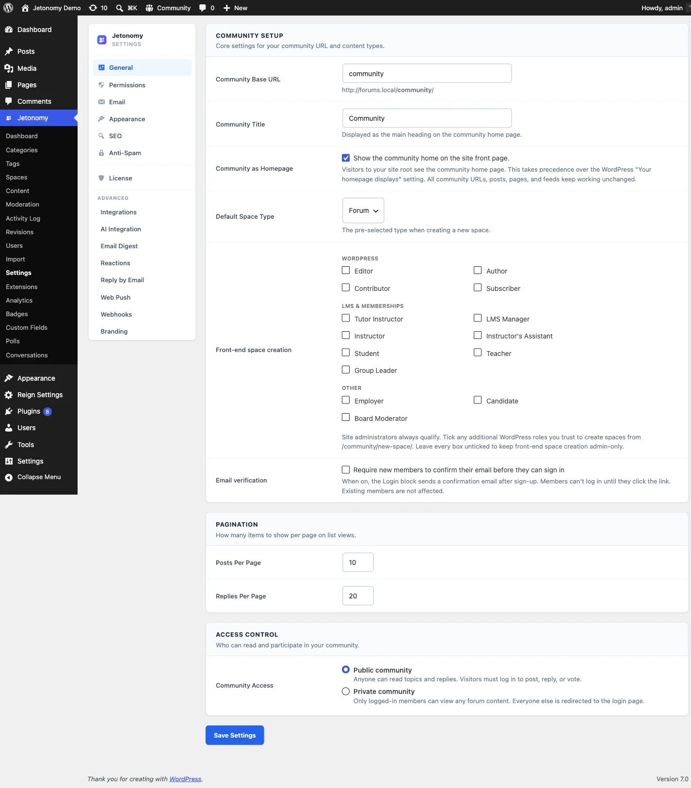 WordPress forum plugin settings panel with tabbed navigation