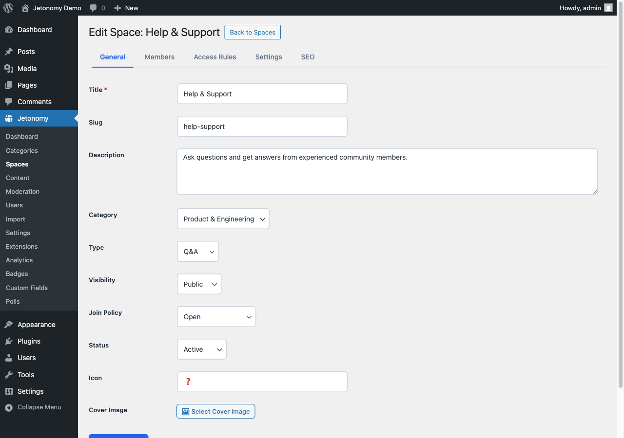 Admin space editor with name, description, and settings fields