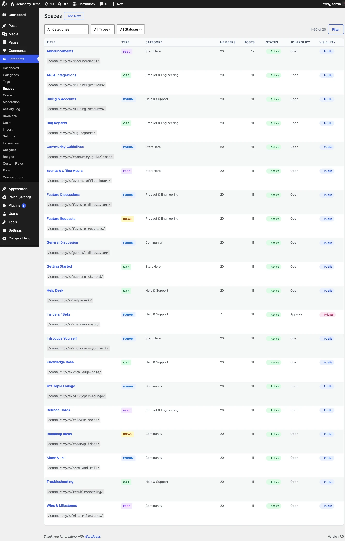 WordPress forum plugin spaces management with type badges and filters