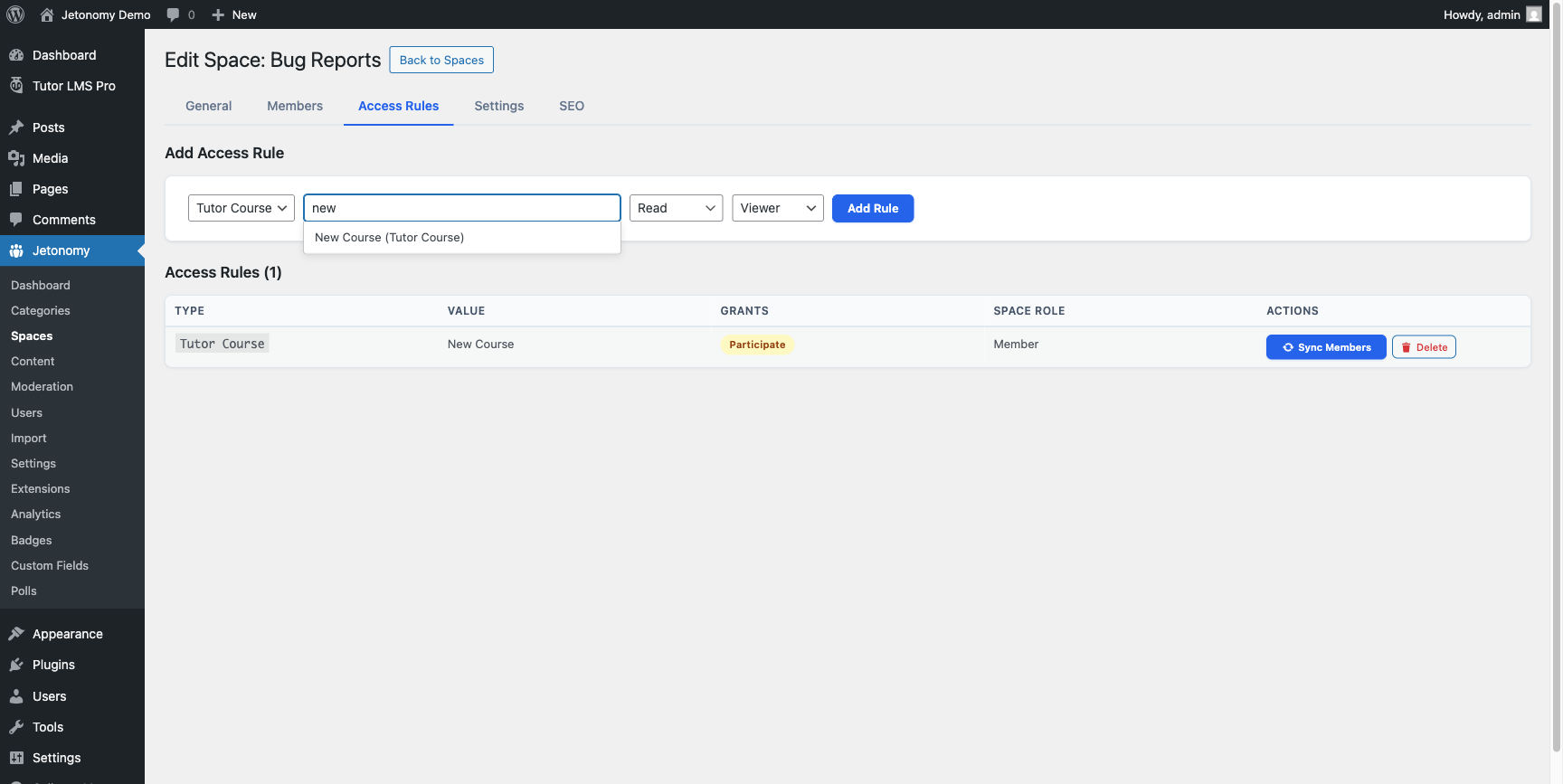 Searching for a Tutor course in the autocomplete dropdown