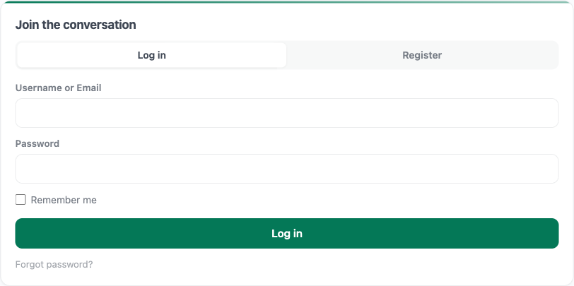 Jetonomy Login block showing the Login and Register tabs rendered inline on a community page
