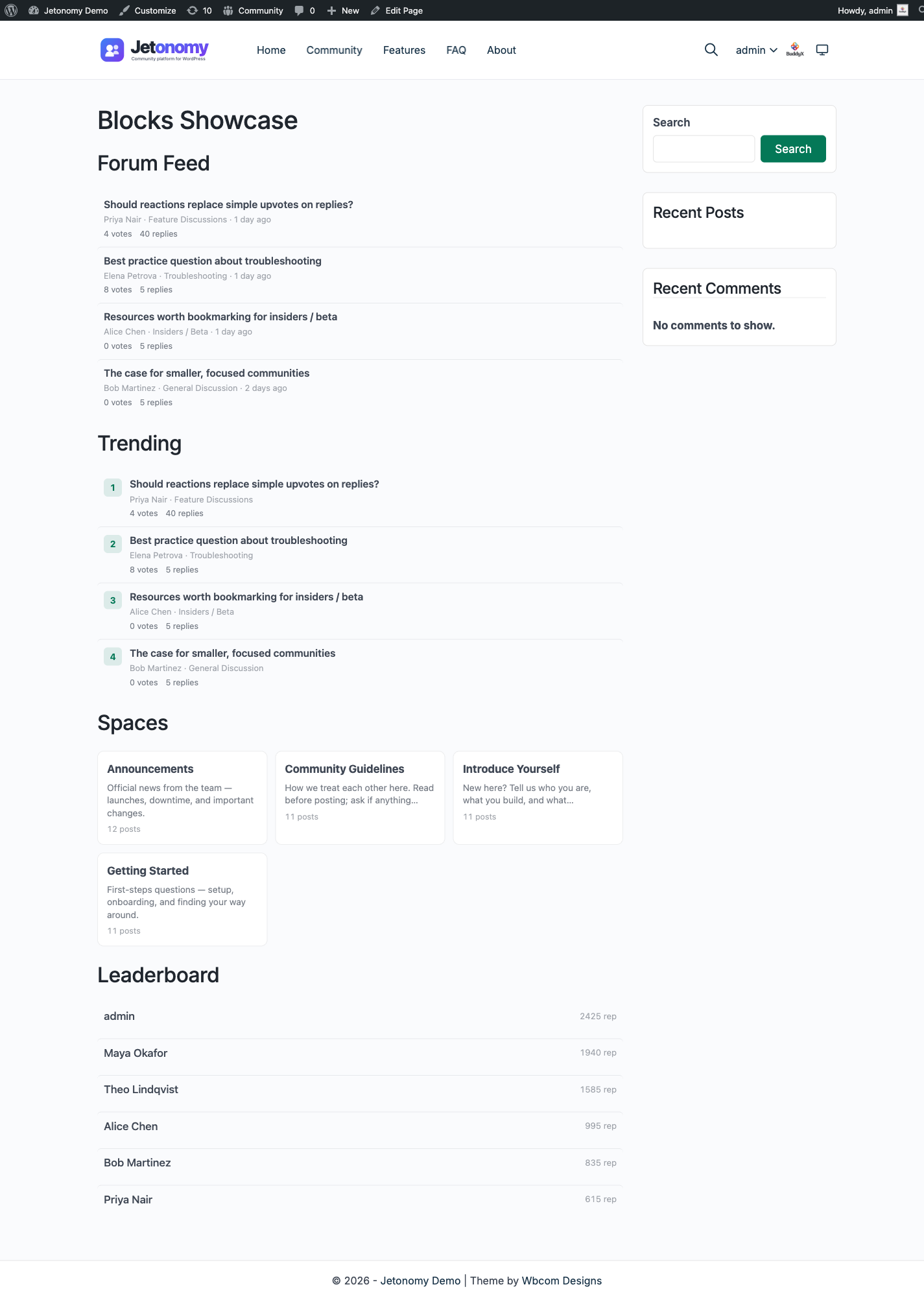 Forum Feed, Trending, Spaces, and Leaderboard blocks rendered on a published WordPress page