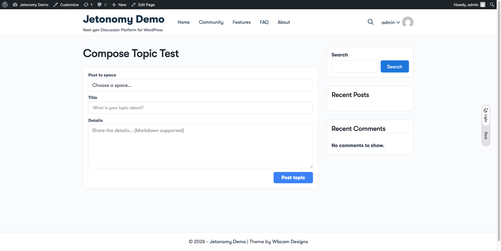 Compose Topic shortcode rendered on a regular WordPress page