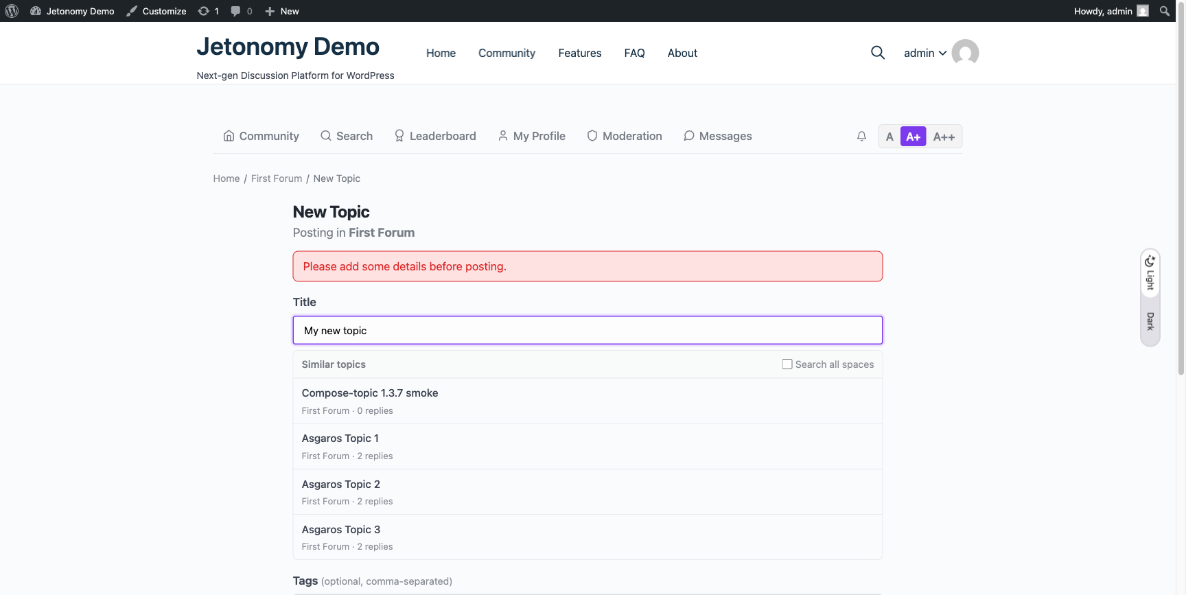 Inline validation banner when the body is empty
