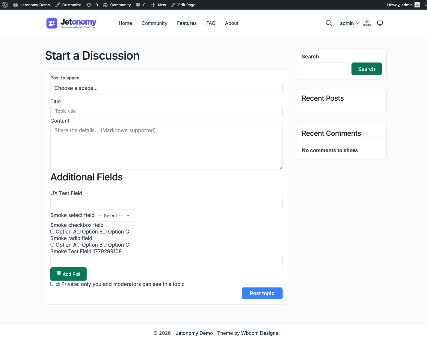 Compose Topic box embedded on a regular WordPress page, with a space picker, title field, and details field