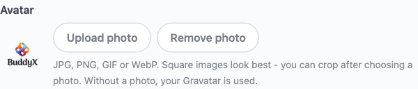 Avatar crop dialog open with the image preview, zoom slider, and Crop and upload button