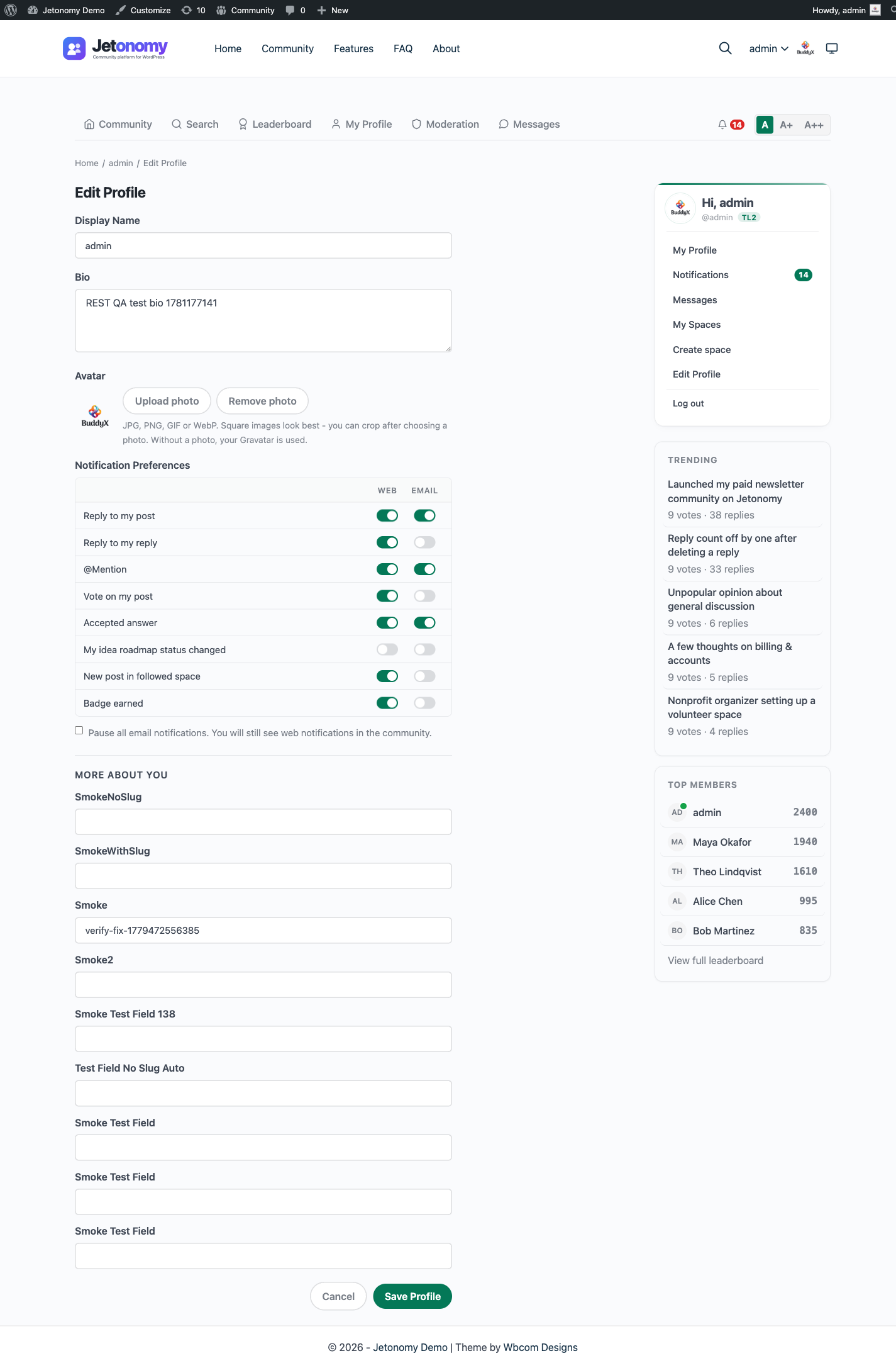 Edit Profile page with display name, bio, avatar upload, and notification preference fields