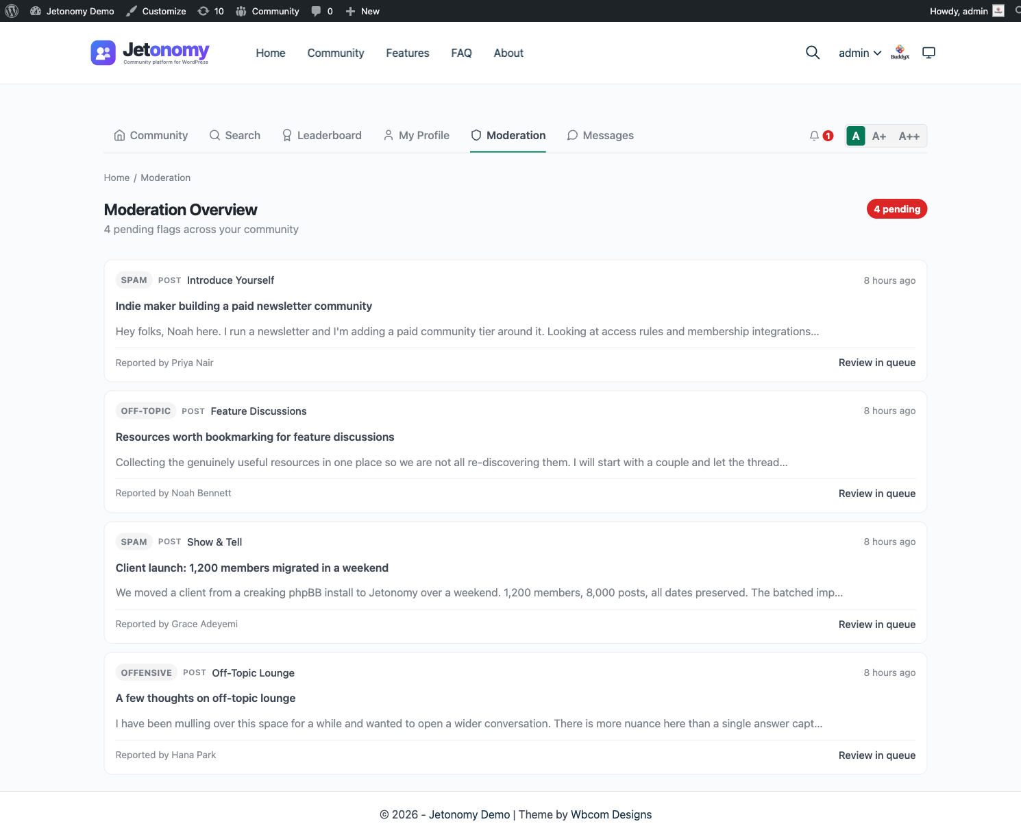 Frontend moderation dashboard at /community/mod/ as a space moderator sees it, scoped to their own spaces