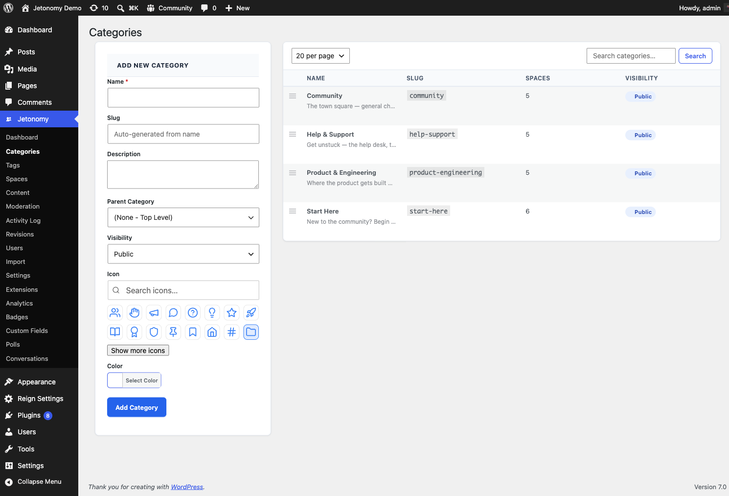 Jetonomy Categories admin: the add-category form on the left and the drag-to-reorder category table on the right