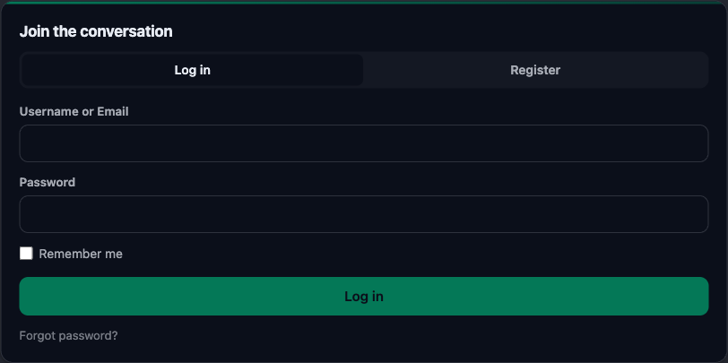 The Login block staying light while the surrounding community page is in dark mode