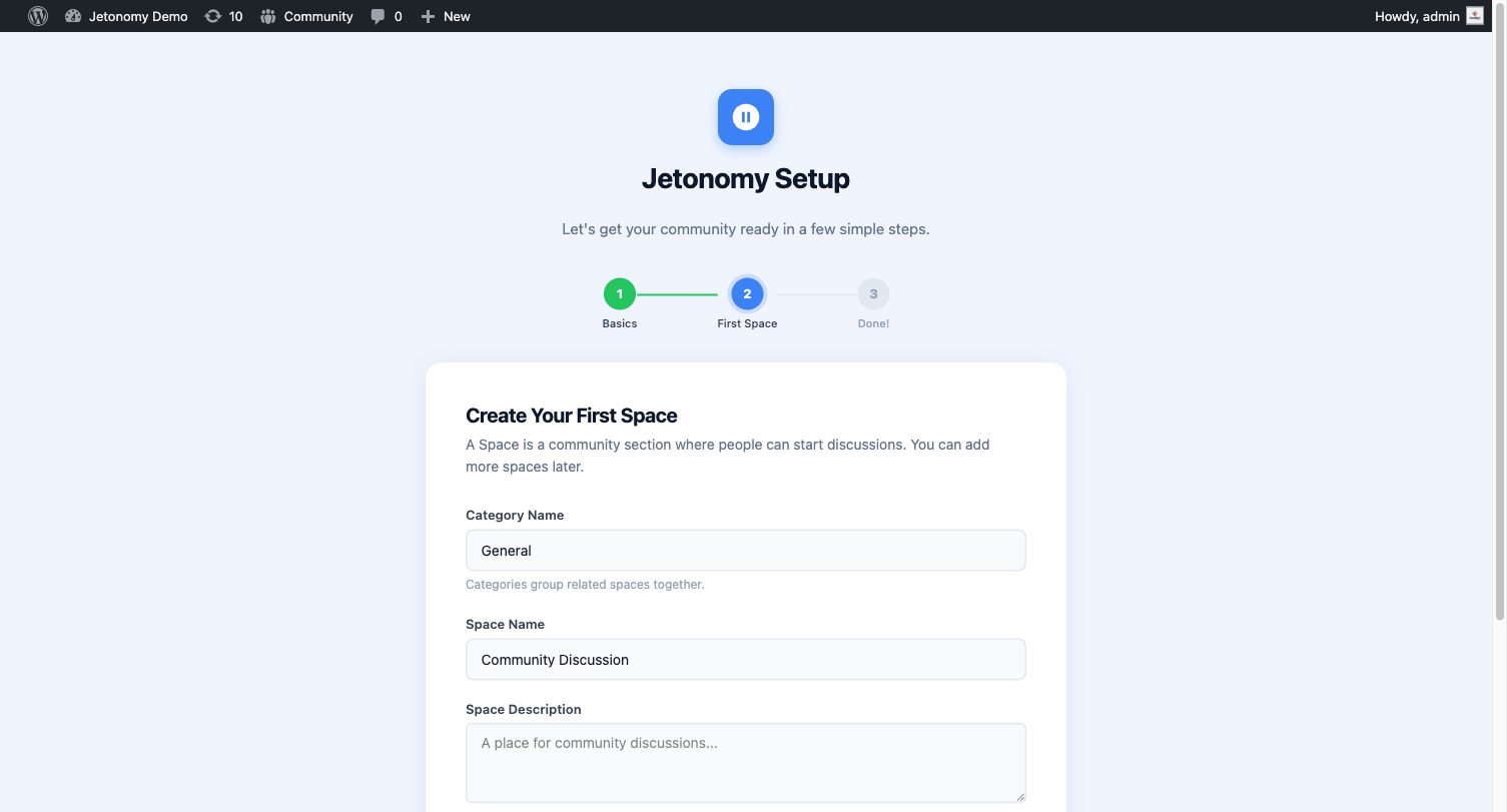 Setup wizard Step 2: the choice between Path A (create your first space) and Path B (load sample data)