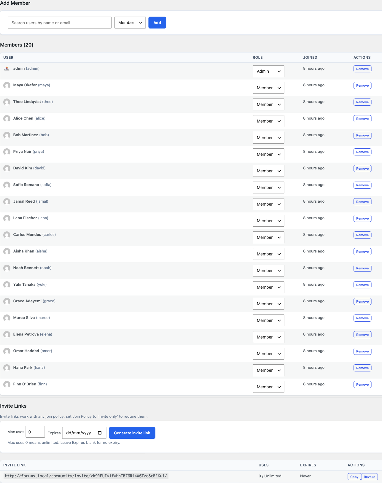 The Generate Invite Link panel showing the expiry option and the copyable invite URL