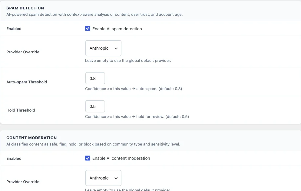 AI spam detection settings with auto-spam and hold thresholds