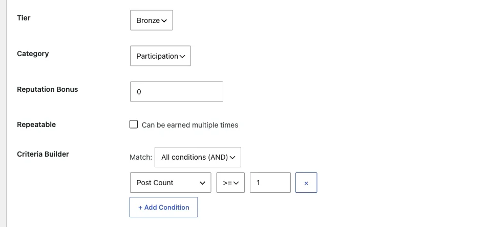 Custom badge builder with tier, reputation bonus and a criteria builder