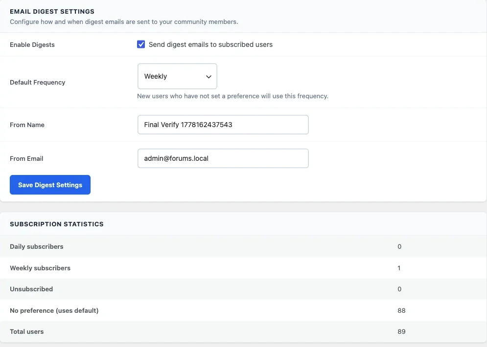 Email digest settings with default frequency and subscriber counts