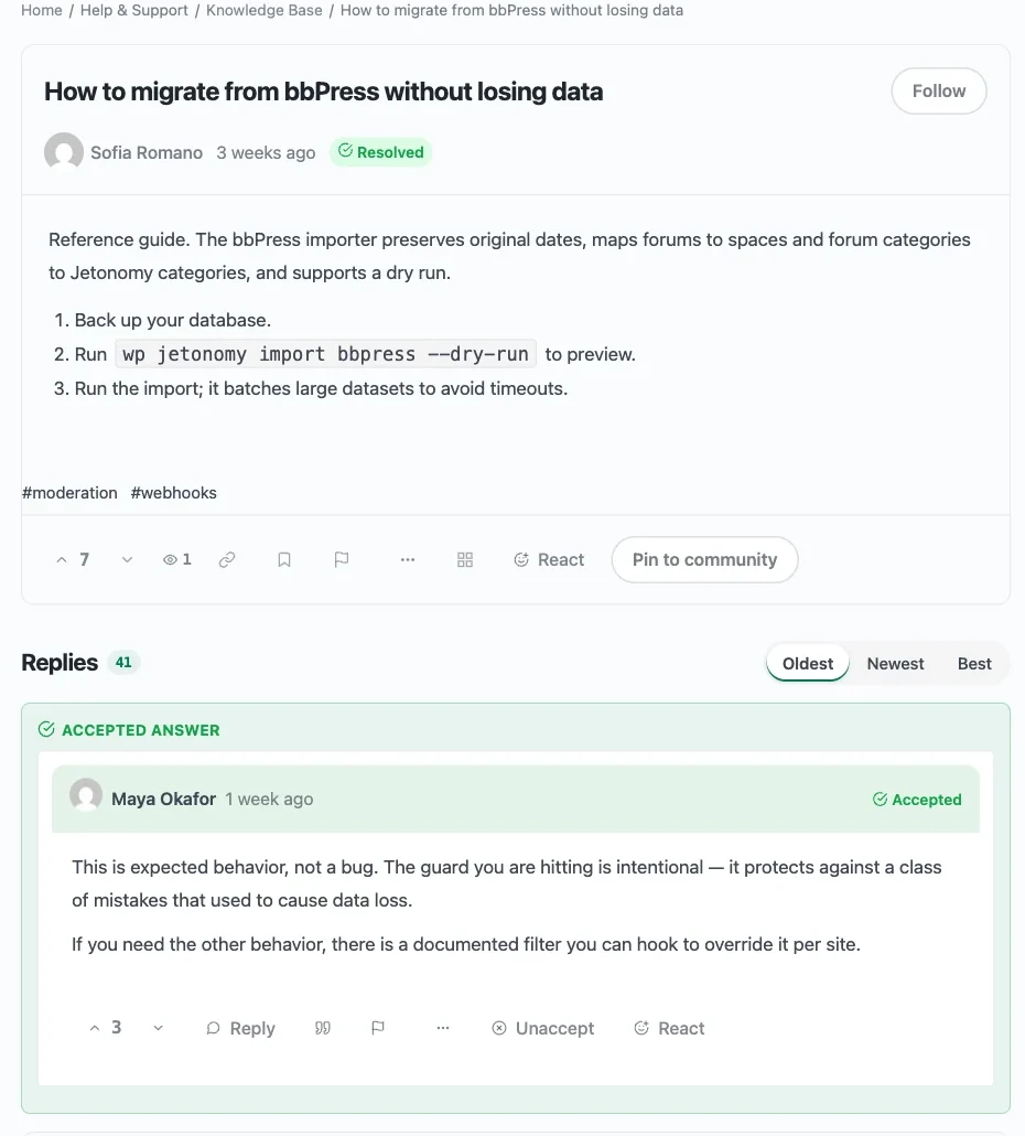 A resolved Jetonomy question with votes, a Best sort option and the accepted answer pinned above the replies