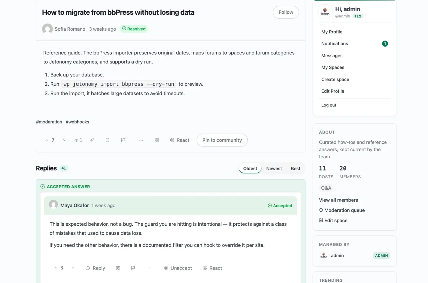 A resolved Jetonomy Q&A topic with the accepted answer pinned above the other replies