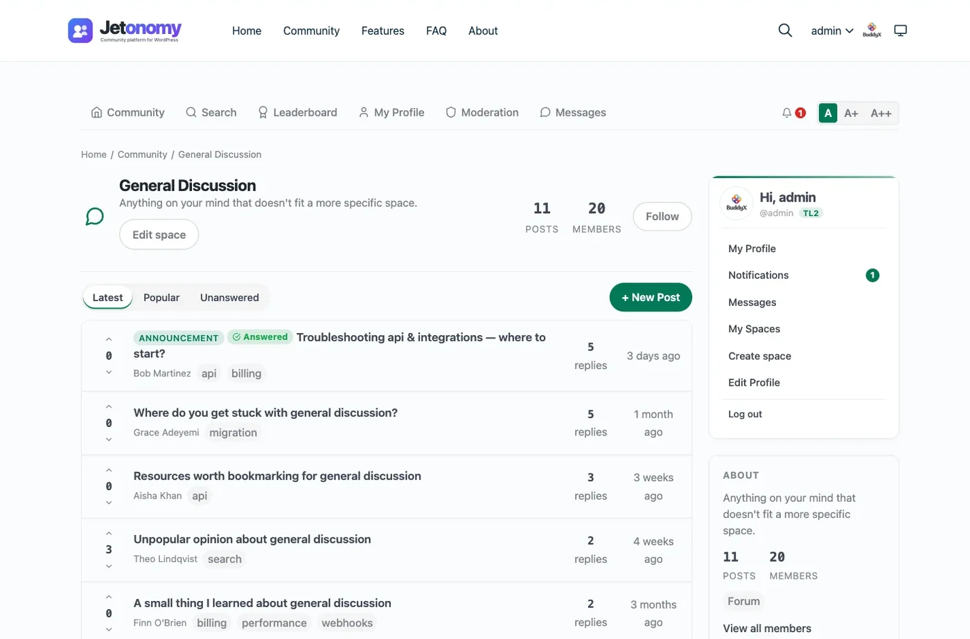 A Jetonomy forum space listing topics with vote counts, replies and tags