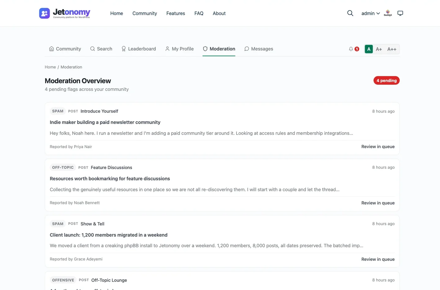 Jetonomy front-end moderation overview with flagged posts marked spam, off-topic or offensive