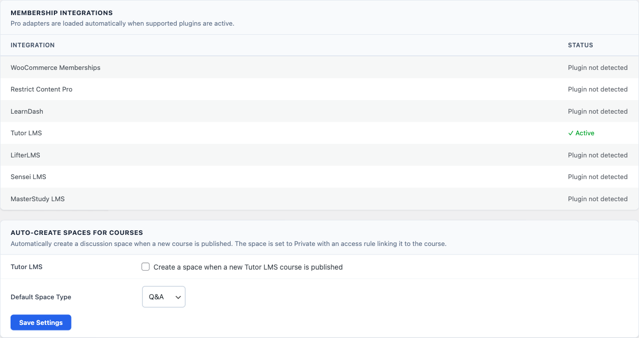 Integrations settings showing active LMS plugins
