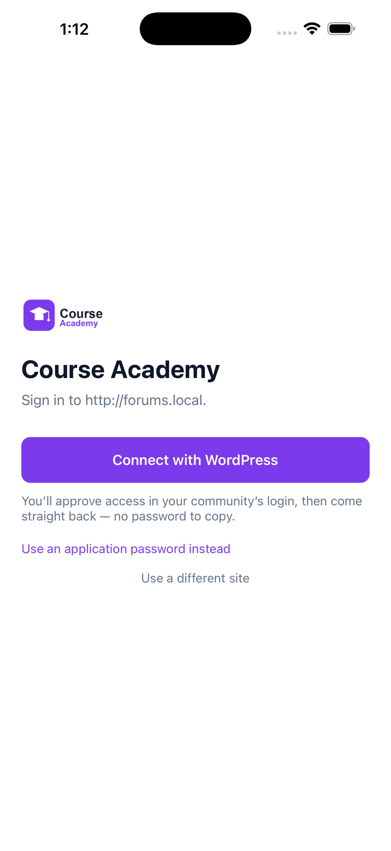 The mobile app sign-in screen branded from WordPress settings: the community logo, the community name, and the accent color applied to the sign-in button and links