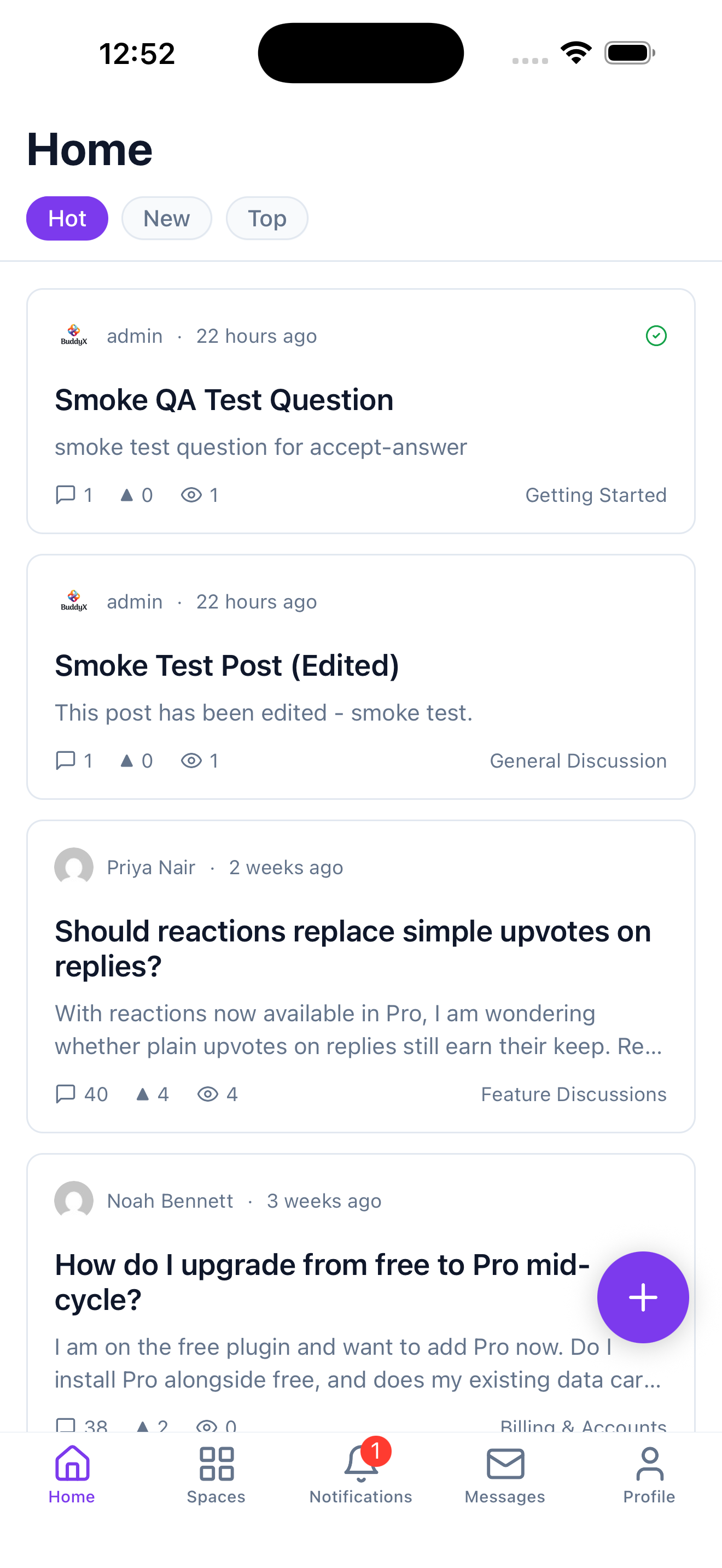 The Jetonomy mobile app home feed, themed with a community's own accent color, showing topics sorted by Hot, New, or Top