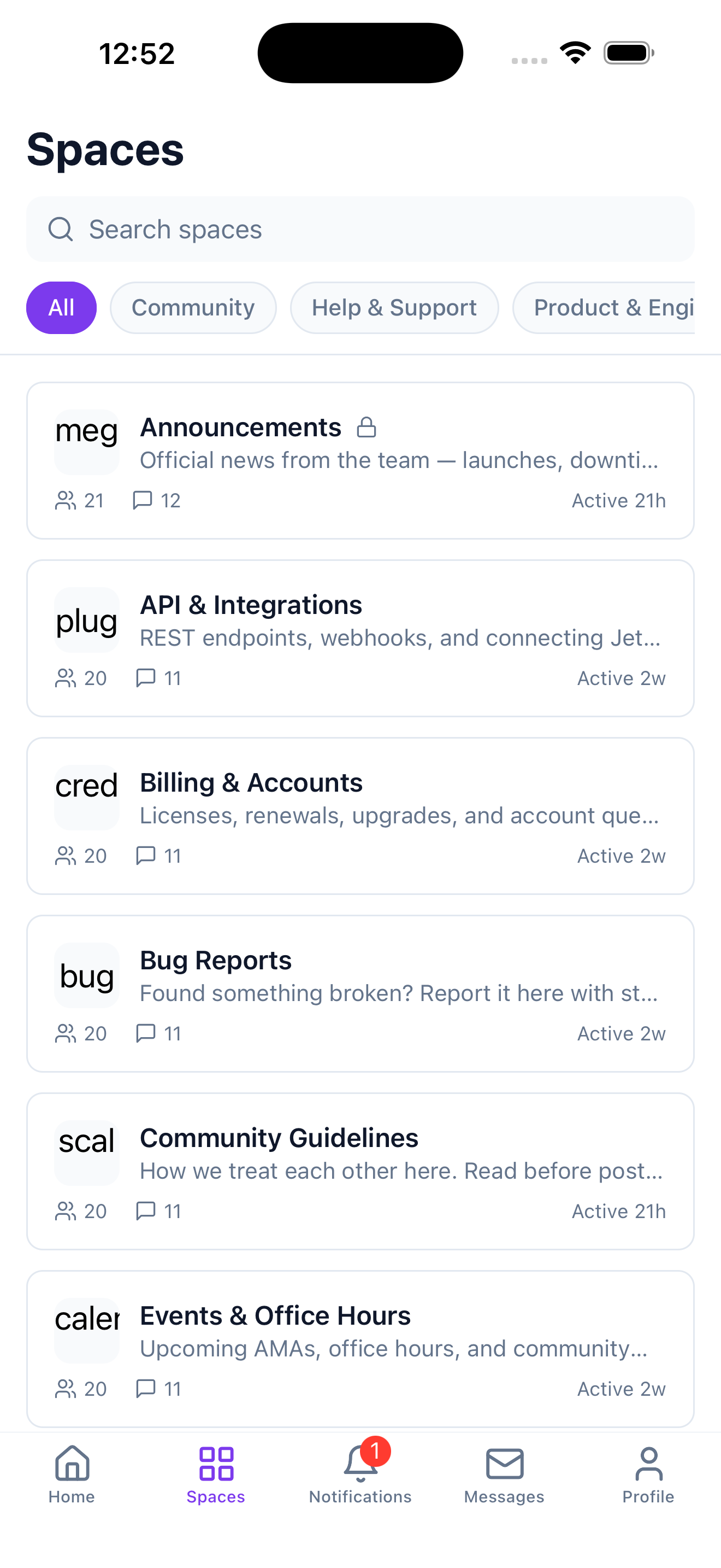 The Spaces screen in the mobile app, listing forums and Q&A spaces with category filters, member counts, and recent activity