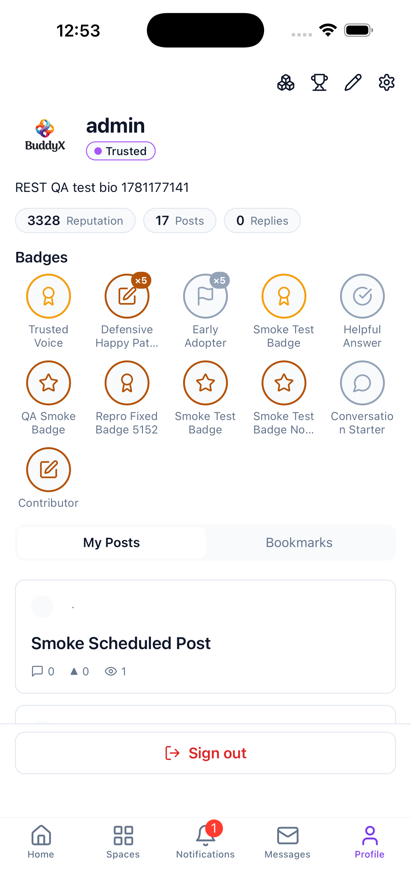 A member's profile in the mobile app, showing their reputation, badges, and posts