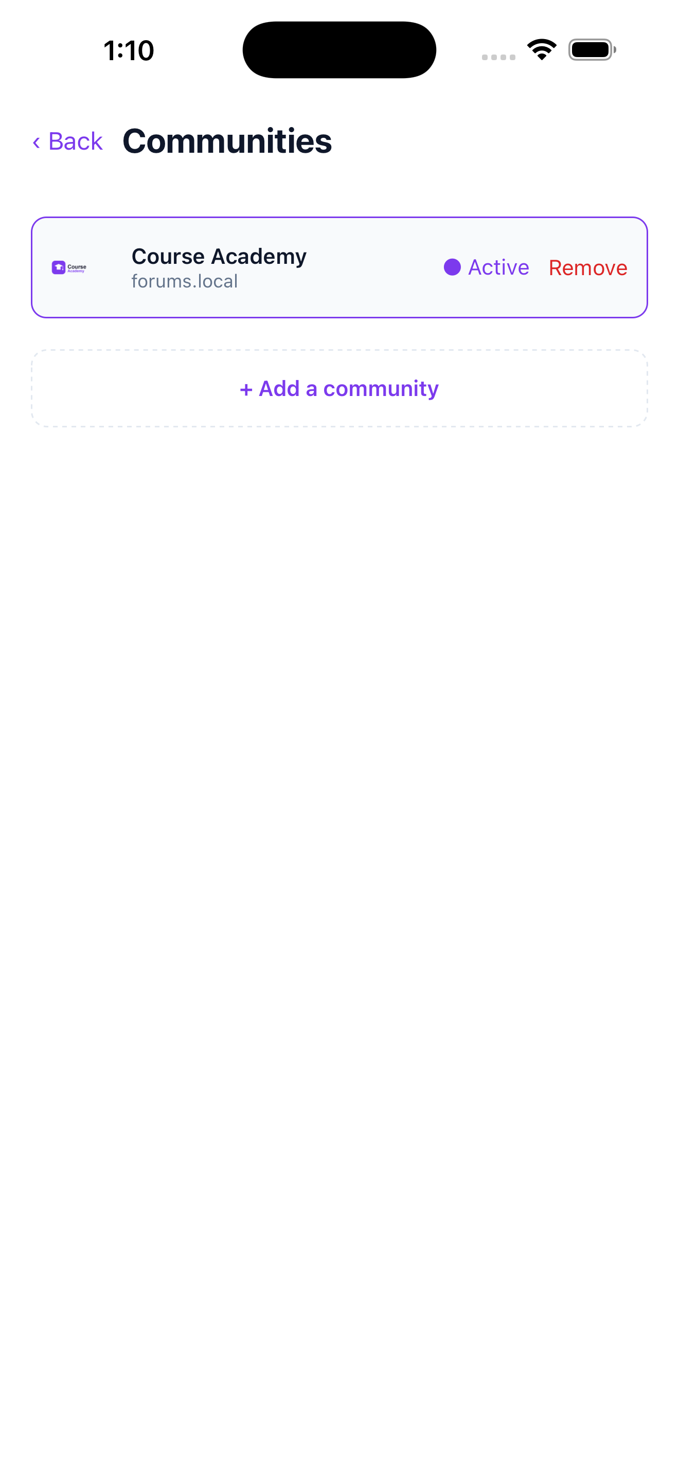 The Communities screen, where a member can switch between several Jetonomy communities or add another - available in the open-source app