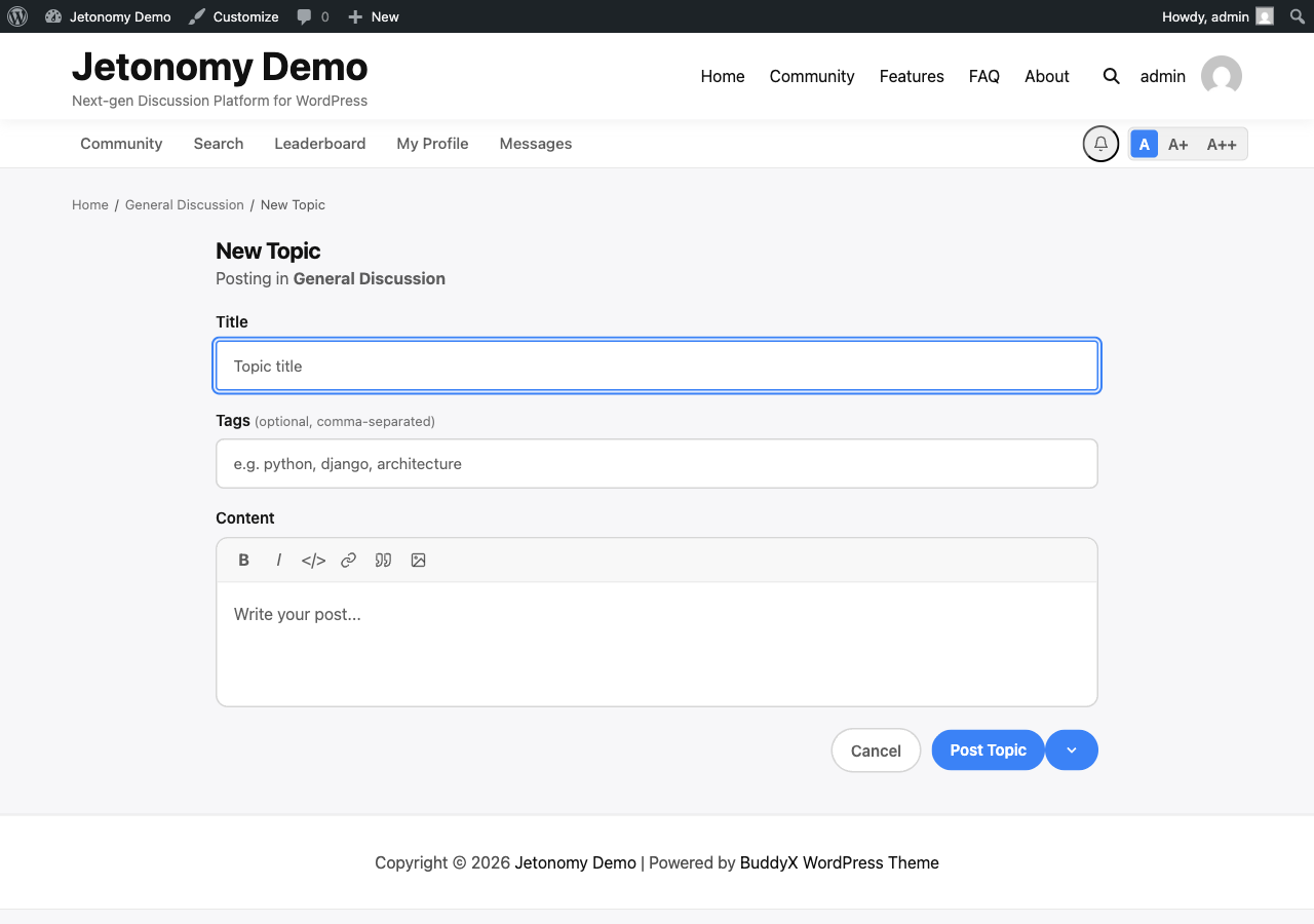 New post form with title, content editor, tags, and publish options