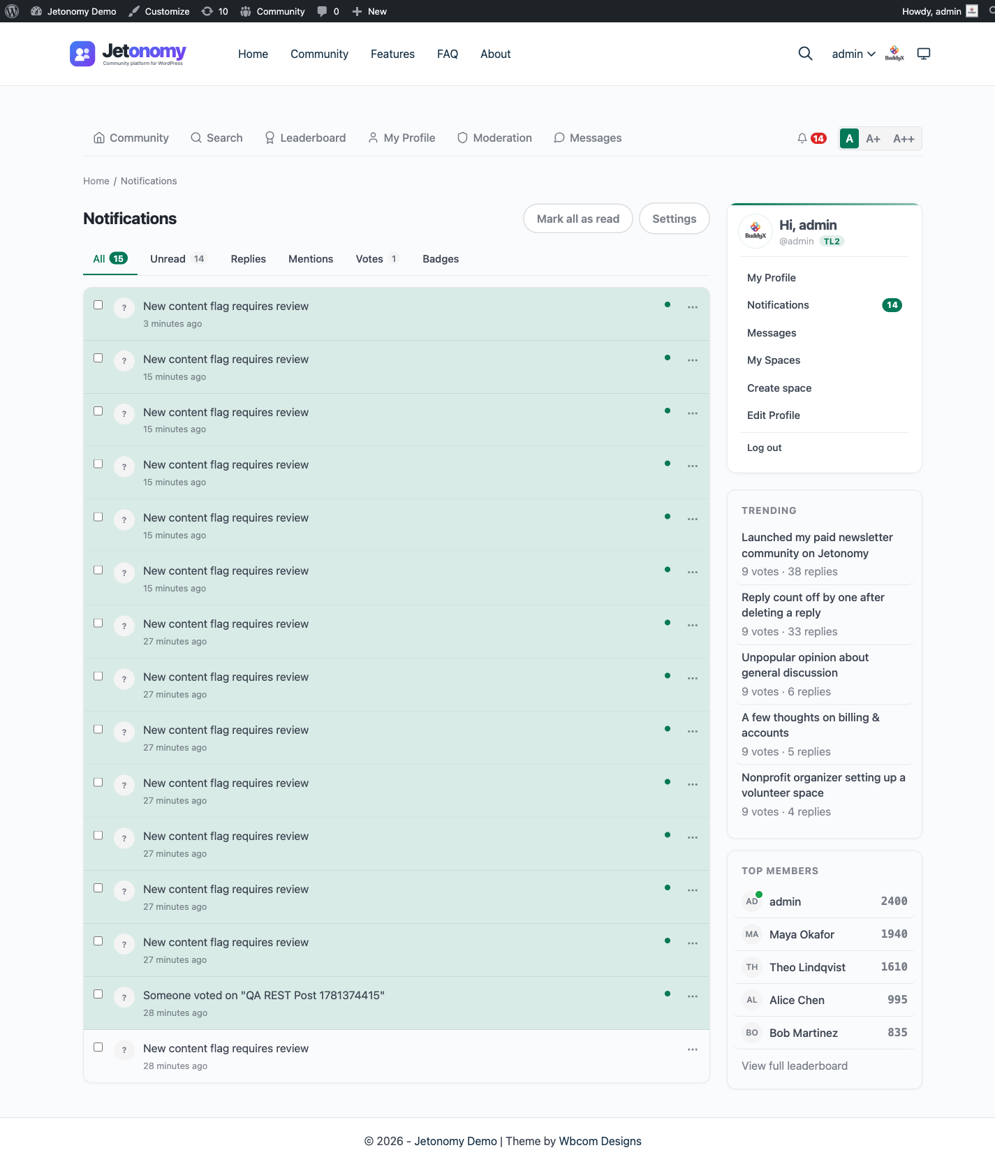 Full notifications page showing the All / Unread / Mentions / Replies / Votes / Badges filter tabs with count badges, and the bulk-select toolbar with Mark read and Delete buttons above selected rows