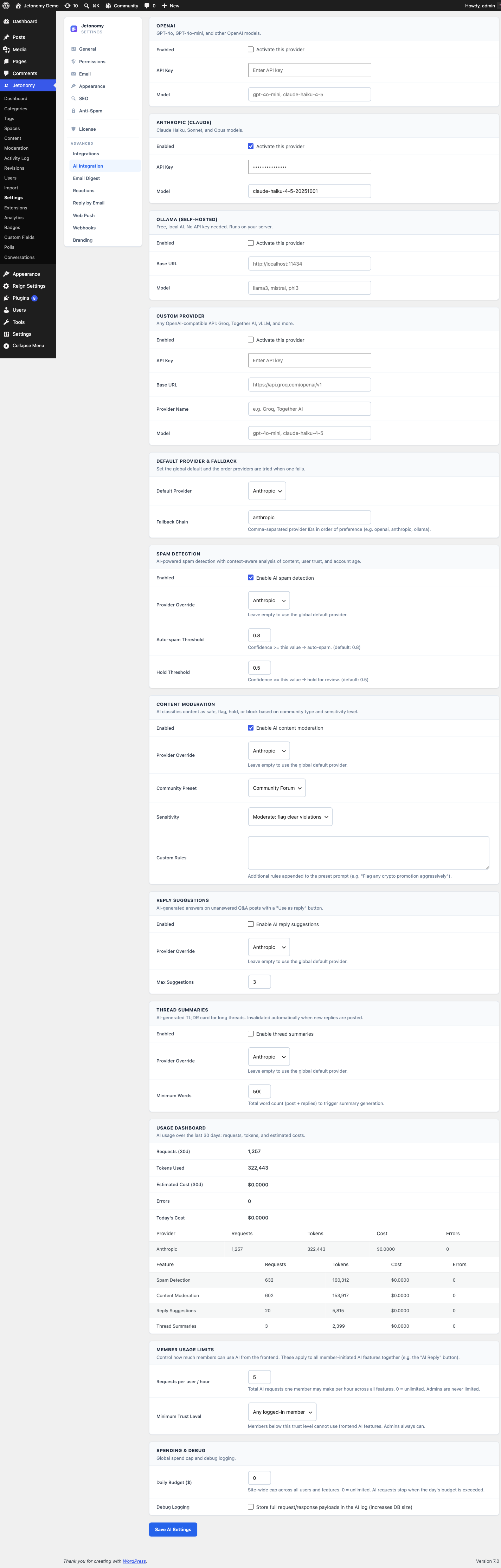 The AI Usage widget on the main Jetonomy admin dashboard, showing requests today and this month, token usage by feature, estimated spend by provider with the share of the monthly cap consumed, average response time, and error rate