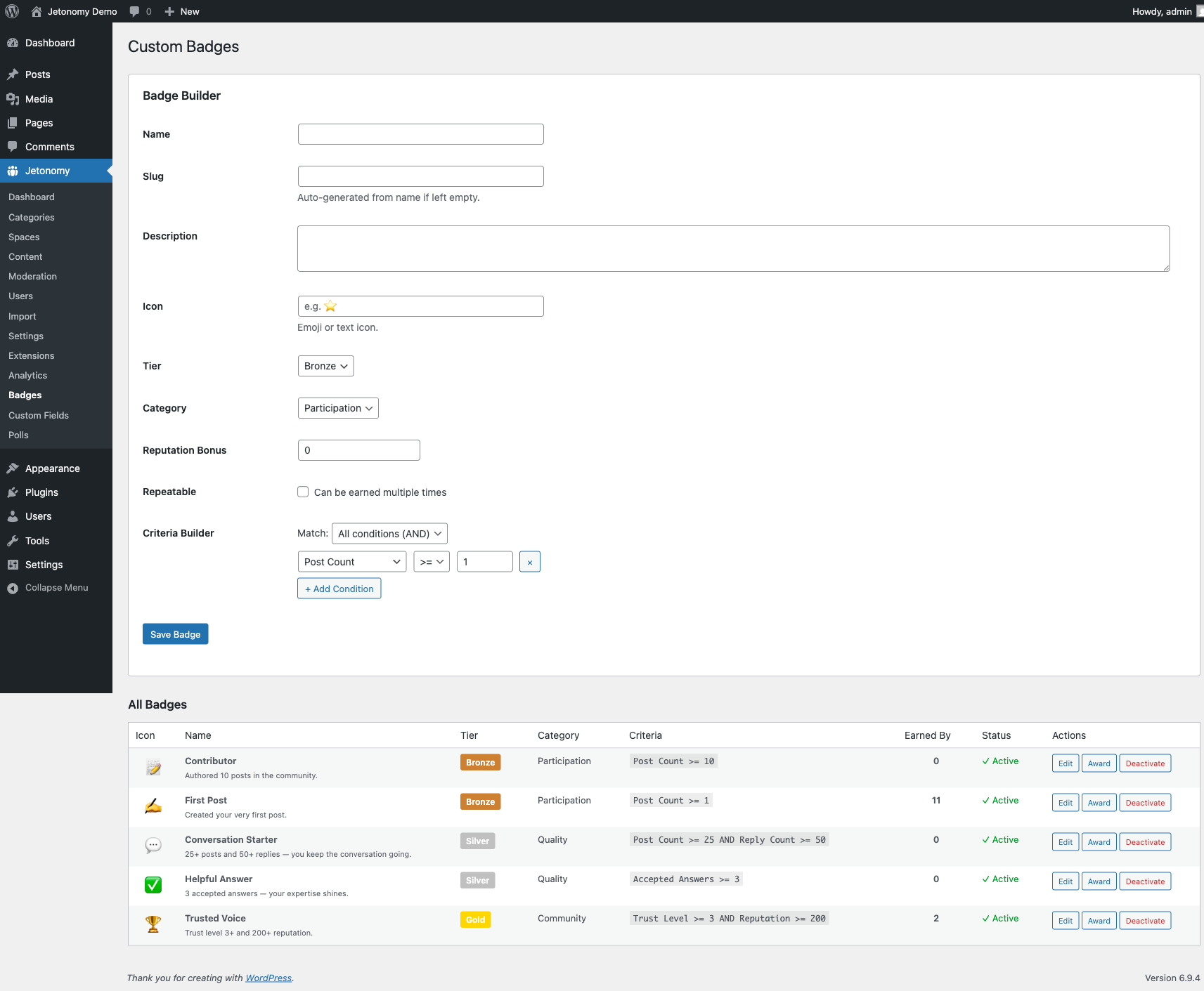 Custom badges admin with auto-award rules