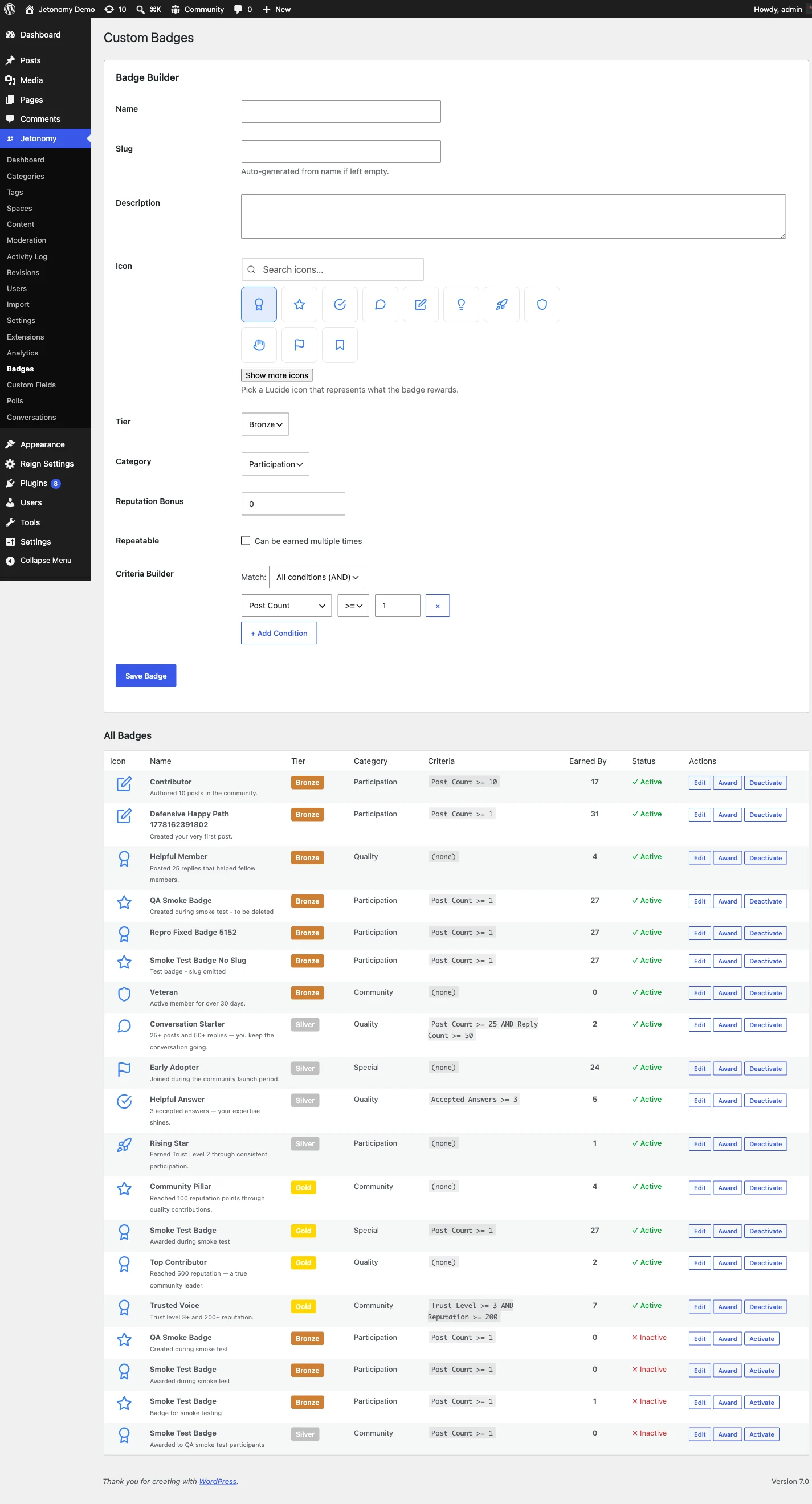 Custom badges admin with auto-award rules