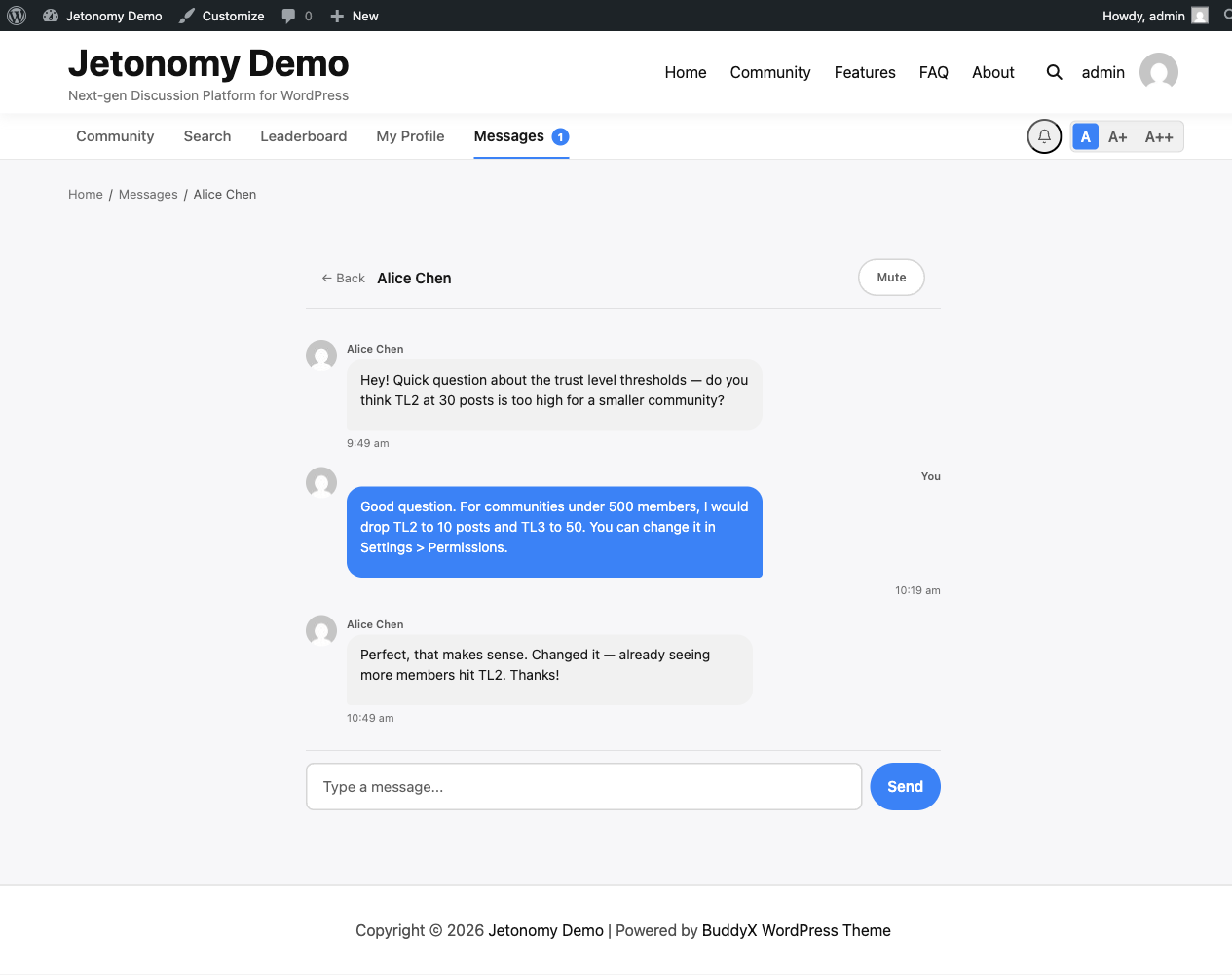Private message conversation thread with chat bubbles