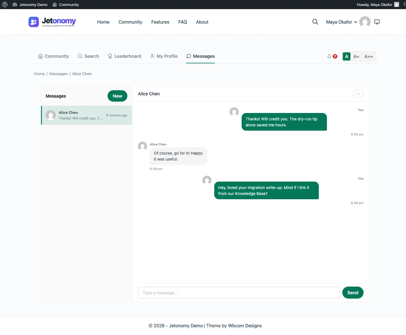 Private message conversation thread with chat bubbles