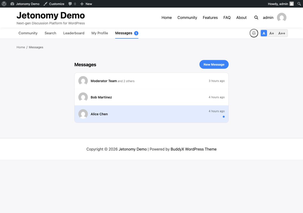 Private messaging inbox with conversations
