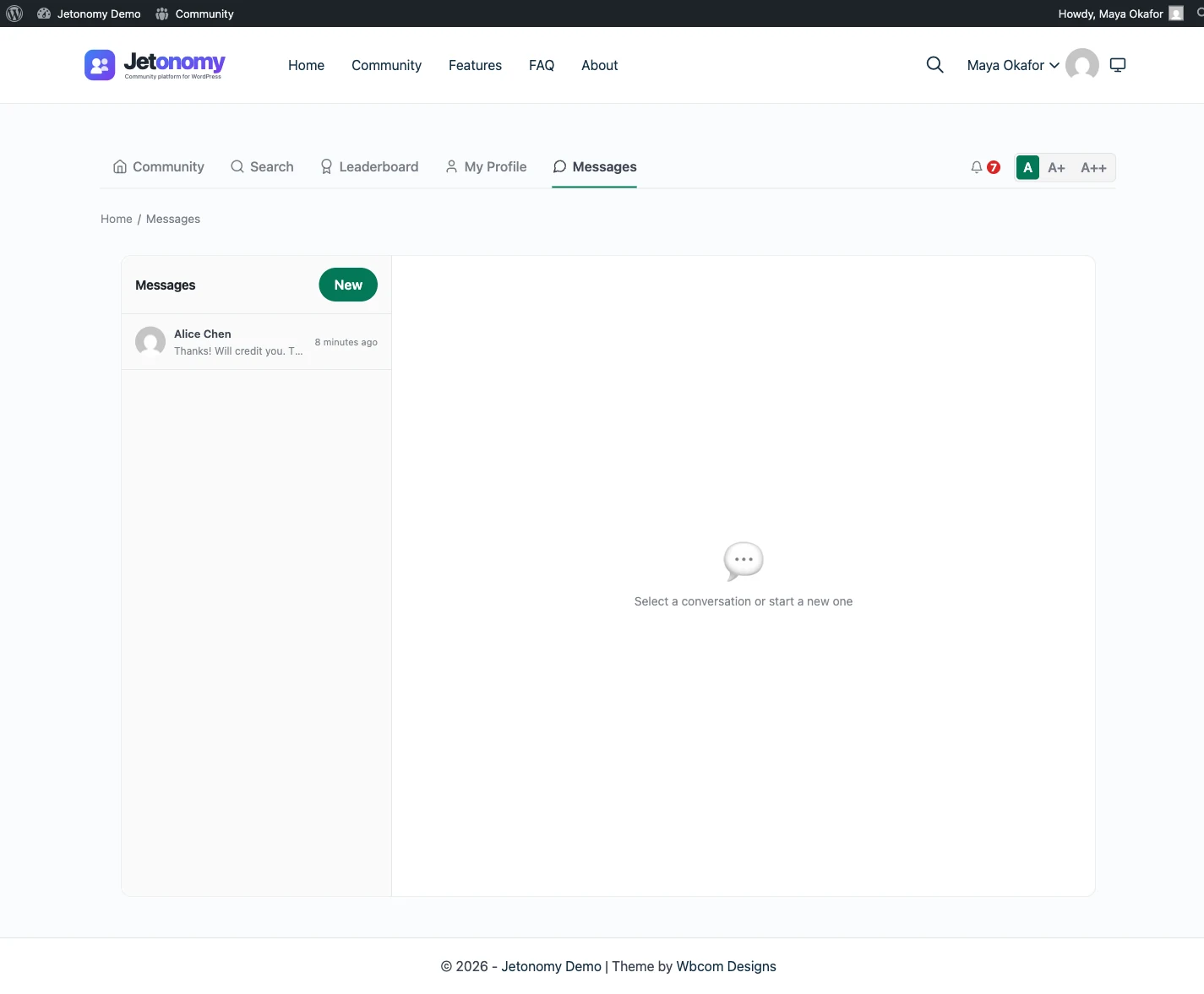 Private messaging inbox with conversations
