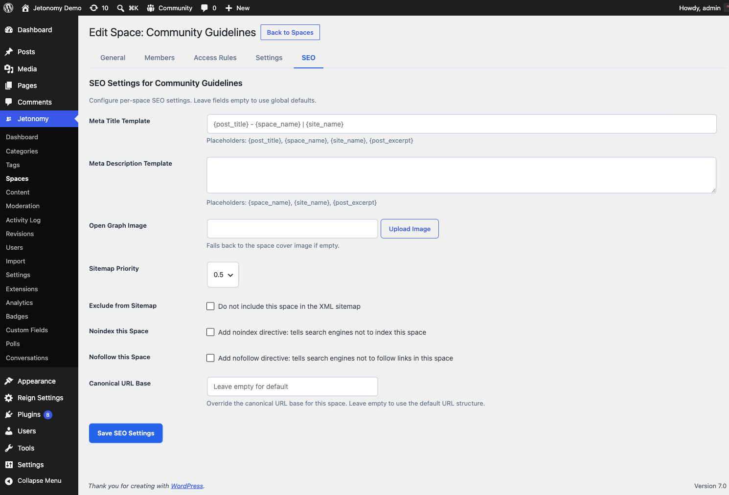 The SEO tab inside a space's settings panel, showing the meta title, meta description, and Open Graph image fields