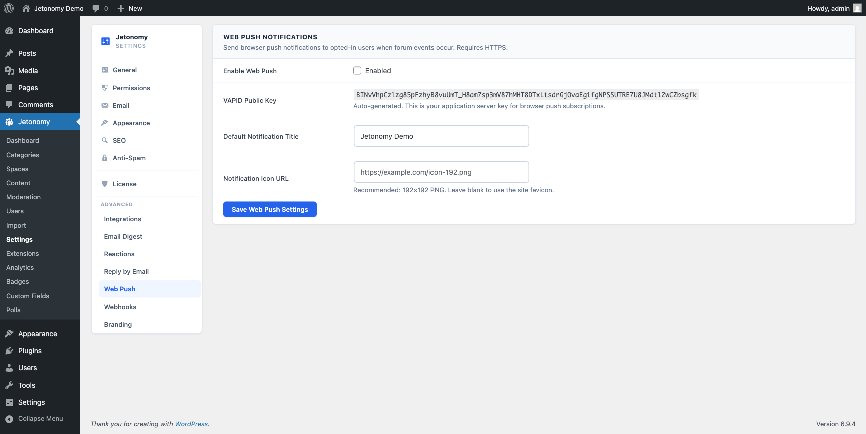 Web Push settings page with VAPID key fields and enable toggle