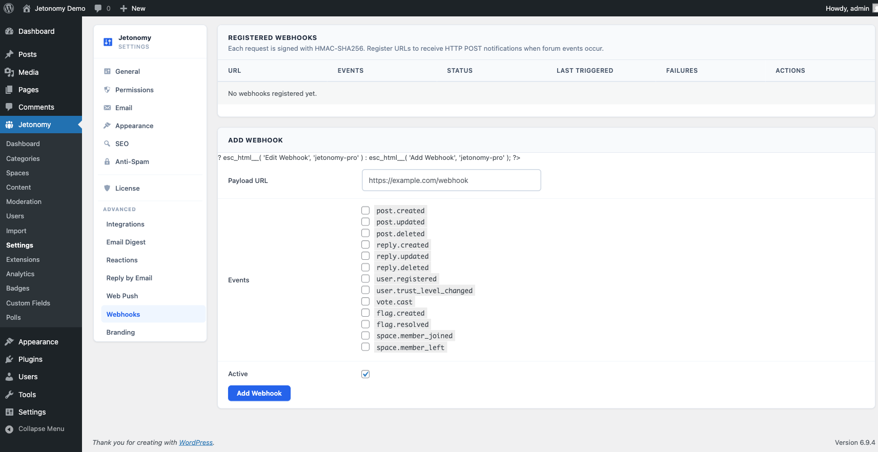 Webhook management page listing configured endpoints
