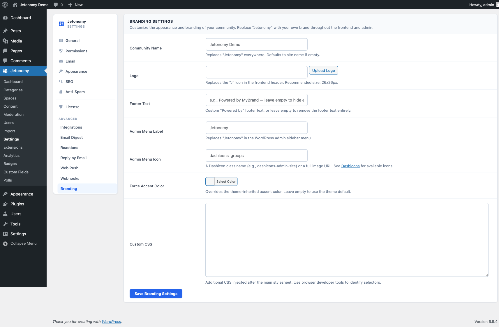 White Label branding settings panel
