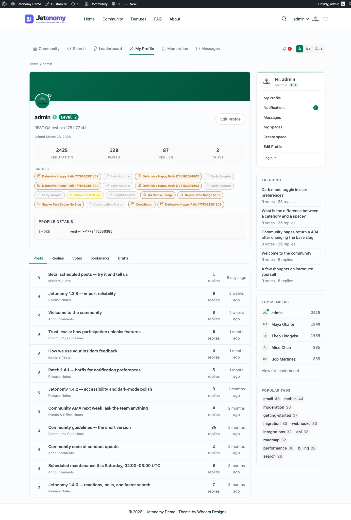 User profile with reputation, badges, and post history