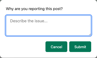 Member reporting a post: the ... menu Report action and the "Why are you reporting this post?" reason prompt