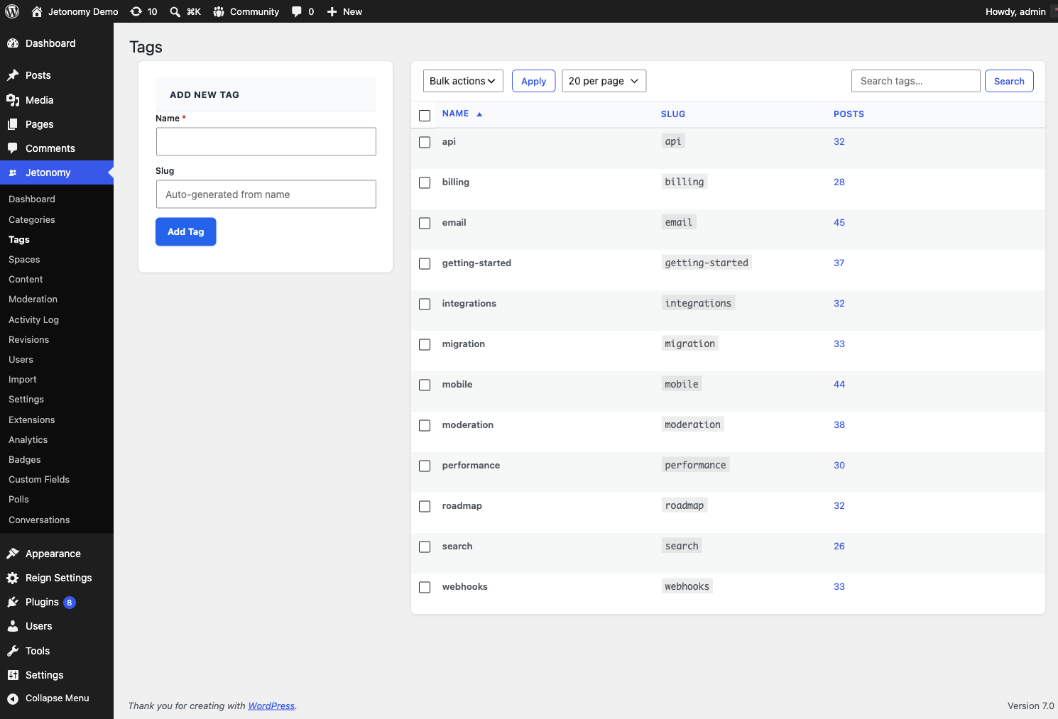 Jetonomy Tags admin screen: a table of tags with post counts, a bulk-action dropdown, a search box, and the Add New Tag form