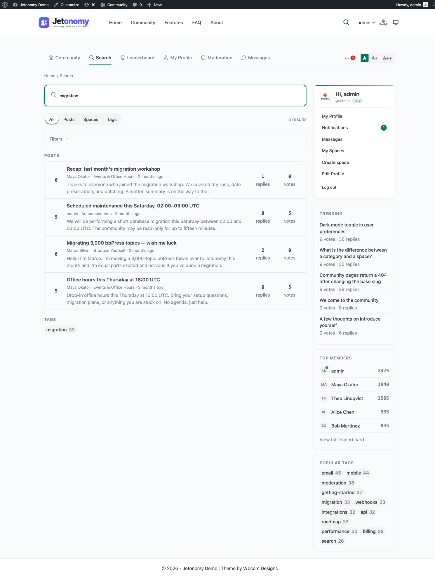 Search page with the Filters disclosure expanded, showing the Date from, Date to, Author, Tag, and Sort order controls