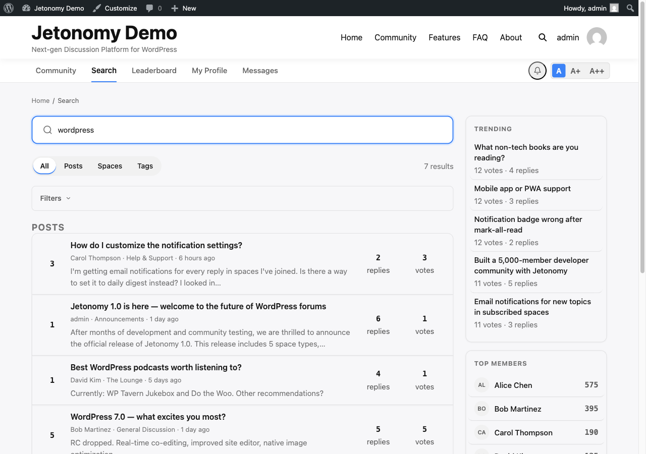 Full-text search with filters, vote counts, and sidebar