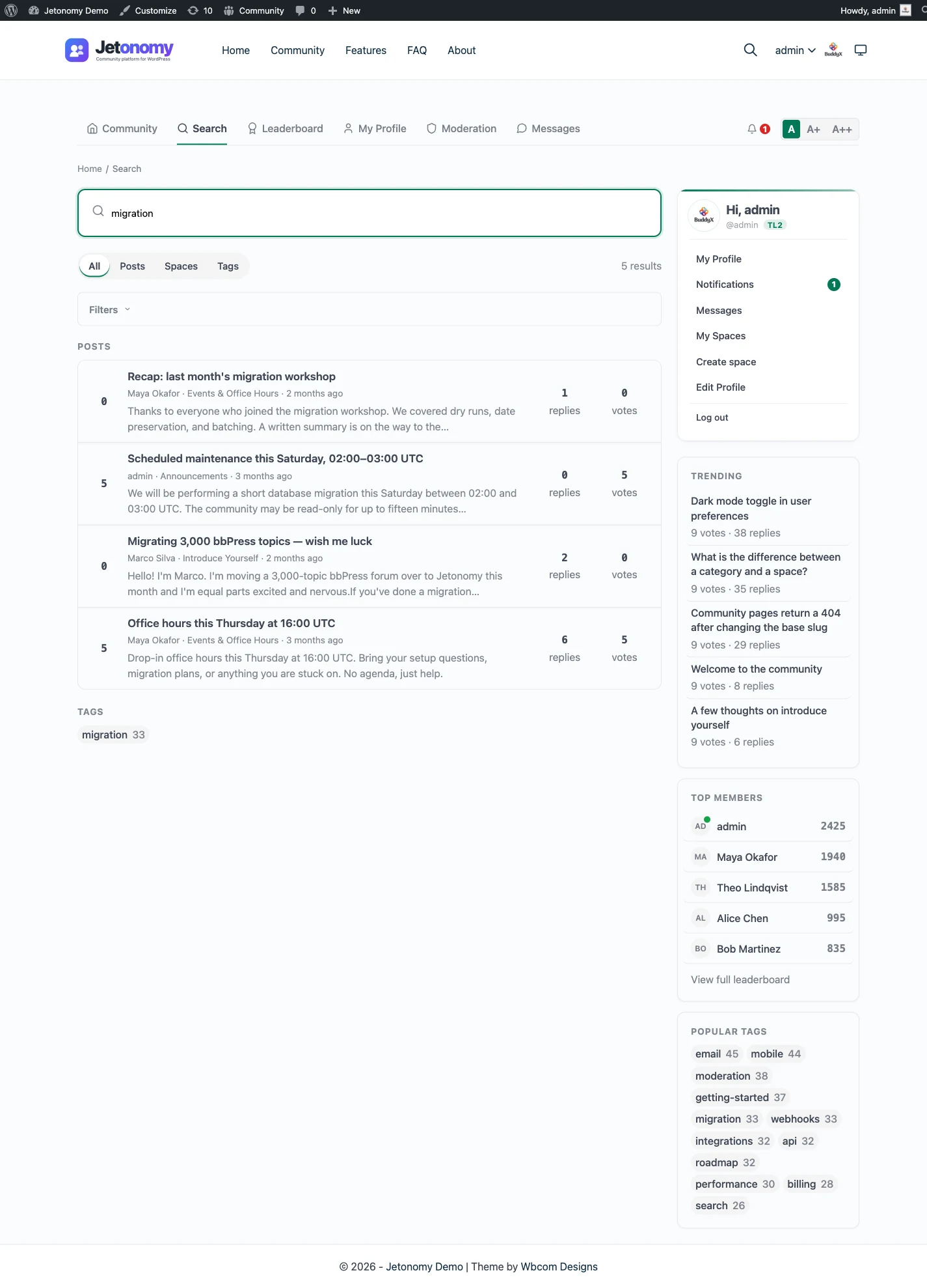 WordPress forum search results with filters, vote counts, and sidebar