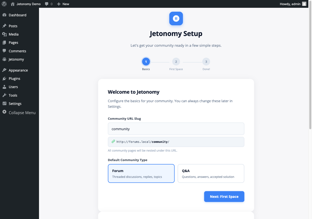Jetonomy setup wizard — 3-step community configuration