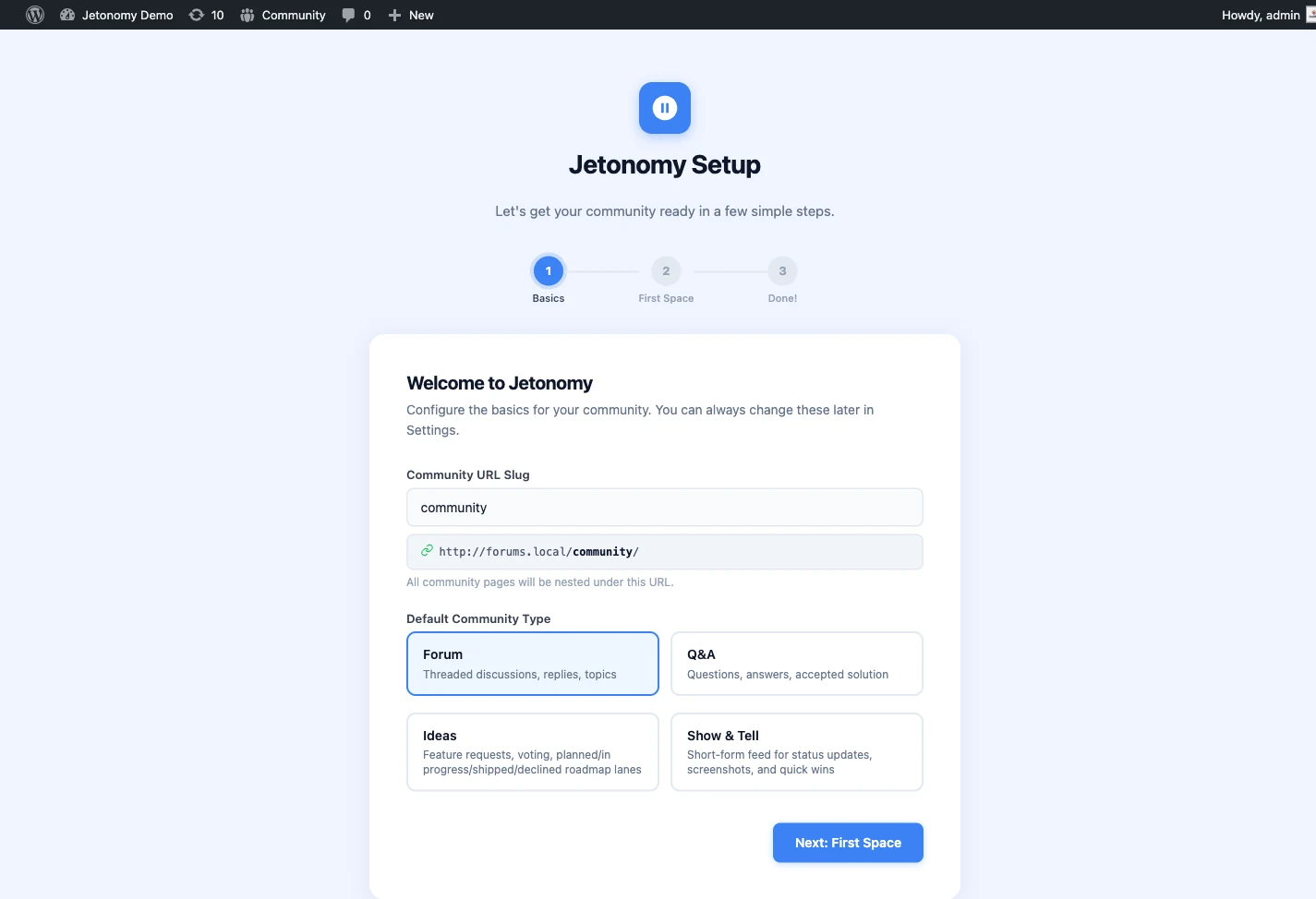 WordPress forum plugin setup wizard for Jetonomy